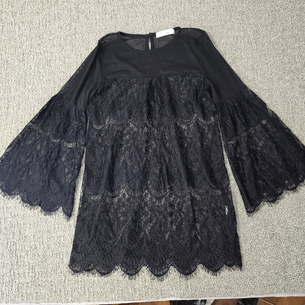 Black‎ Sheer Lace Bell Sleeve Tunic Top Boho Goth Romantic Fairycore